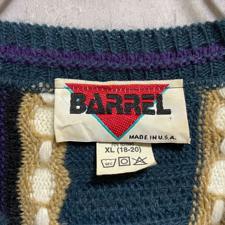 古着 used　～90s　BARREL　バレル　長袖ストライプ柄ニット　セーター　クルーネック　USA製　マルチカラー　XLサイズ