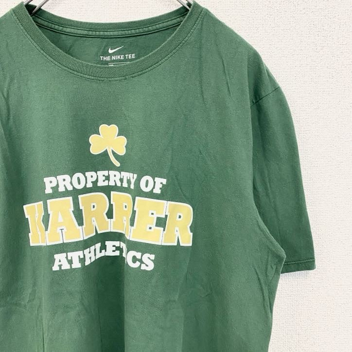 古着 used　NIKE　ナイキ　半袖プリントTシャツ　緑　スウッシュマーク　KARRER　三つ葉　クルーネック　Lサイズ