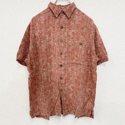 古着 used　Caribbean　半袖プリント柄シャツ　胸ポケット　レトロデザイン　カジュアル　壁画　アロハ　民族　赤　Mサイズ