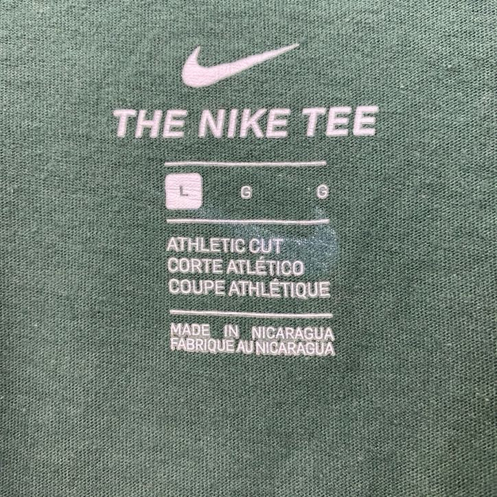 古着 used　NIKE　ナイキ　半袖プリントTシャツ　緑　スウッシュマーク　KARRER　三つ葉　クルーネック　Lサイズ