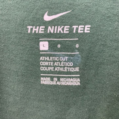 古着 used　NIKE　ナイキ　半袖プリントTシャツ　緑　スウッシュマーク　KARRER　三つ葉　クルーネック　Lサイズ