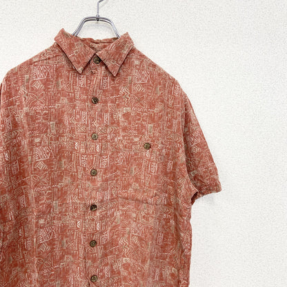 古着 used　Caribbean　半袖プリント柄シャツ　胸ポケット　レトロデザイン　カジュアル　壁画　アロハ　民族　赤　Mサイズ