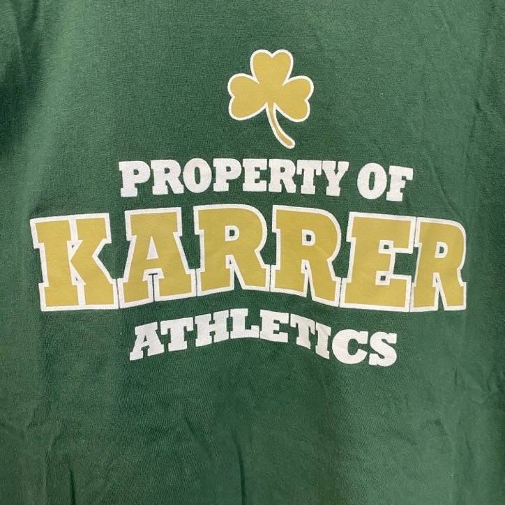 古着 used　NIKE　ナイキ　半袖プリントTシャツ　緑　スウッシュマーク　KARRER　三つ葉　クルーネック　Lサイズ