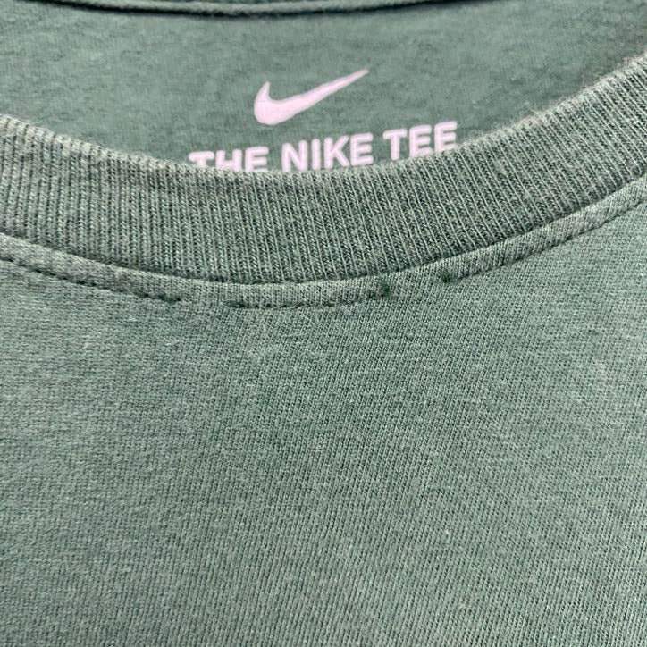 古着 used　NIKE　ナイキ　半袖プリントTシャツ　緑　スウッシュマーク　KARRER　三つ葉　クルーネック　Lサイズ