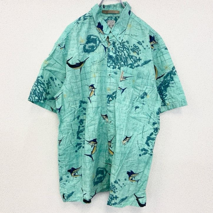 古着 used　Columbia　半袖プリント総柄シャツ　胸ポケット　レトロデザイン　フィッシング　魚　ライトブルー　XLサイズ