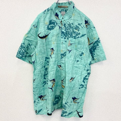 古着 used　Columbia　半袖プリント総柄シャツ　胸ポケット　レトロデザイン　フィッシング　魚　ライトブルー　XLサイズ