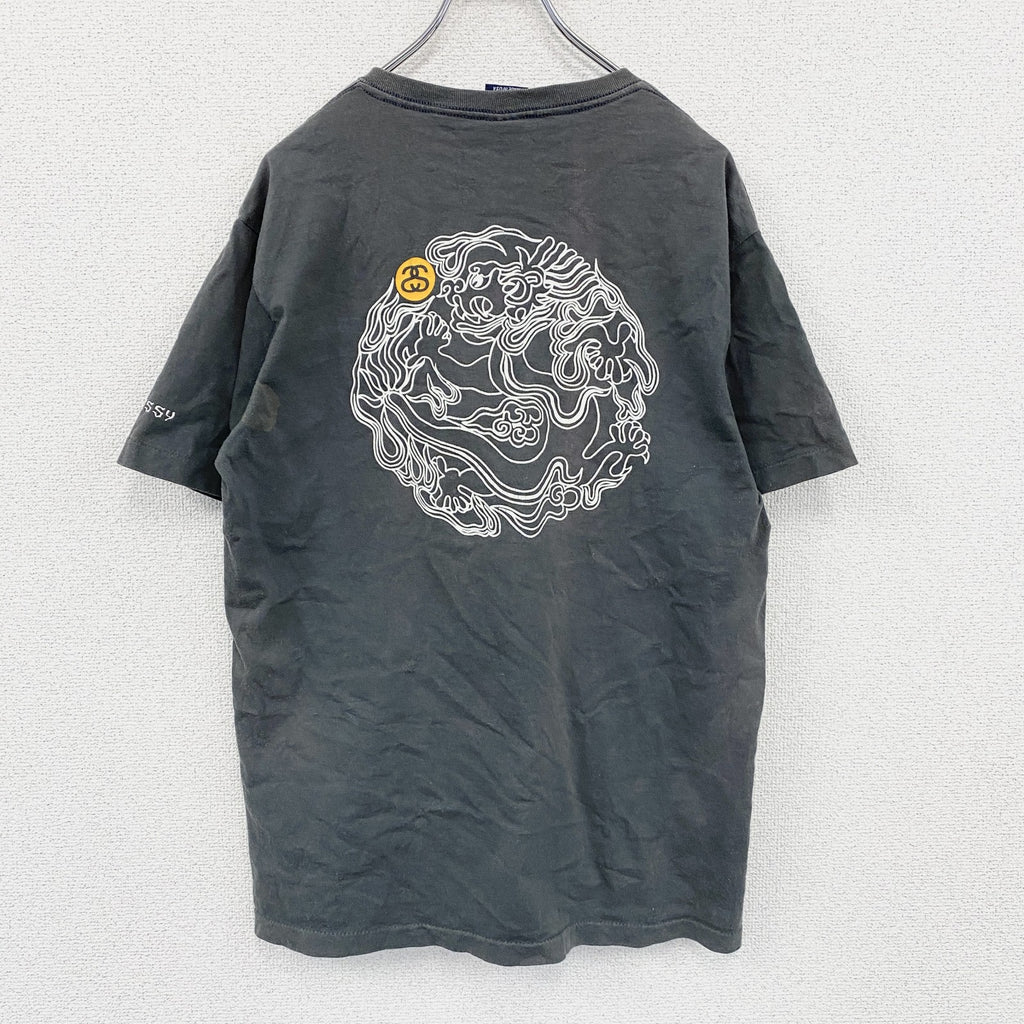 90s　OLD STUSSY　オールドステューシー　半袖プリントTシャツ　フェード　龍　ドラゴン　ダークグレー　Mサイズ