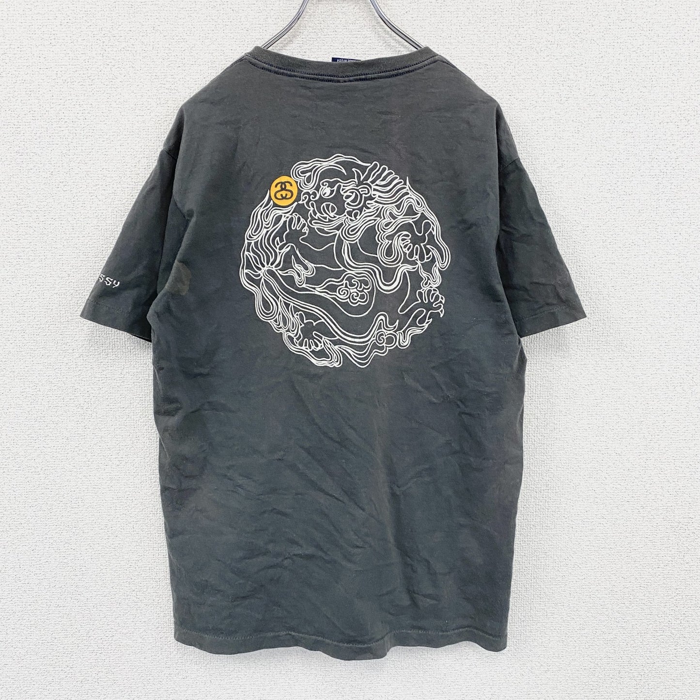 90s　OLD STUSSY　オールドステューシー　半袖プリントTシャツ　フェード　龍　ドラゴン　ダークグレー　Mサイズ