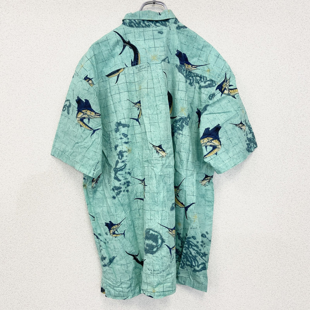 古着 used　Columbia　半袖プリント総柄シャツ　胸ポケット　レトロデザイン　フィッシング　魚　ライトブルー　XLサイズ