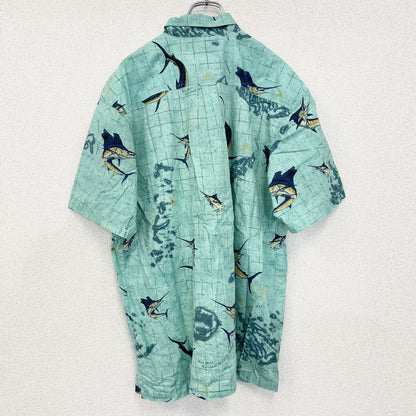 古着 used　Columbia　半袖プリント総柄シャツ　胸ポケット　レトロデザイン　フィッシング　魚　ライトブルー　XLサイズ
