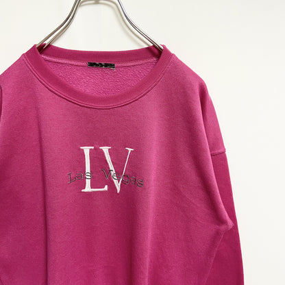 古着 used　Las Vegas ラスベガス　長袖刺繍スウェット　トレーナー　ピンク　クルーネック　レトロデザイン