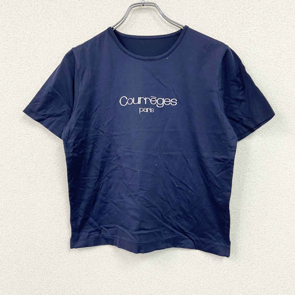 COURREGES　クレージュ　半袖短丈Tシャツ　フロントロゴ　シングルステッチ　紺　ネイビー