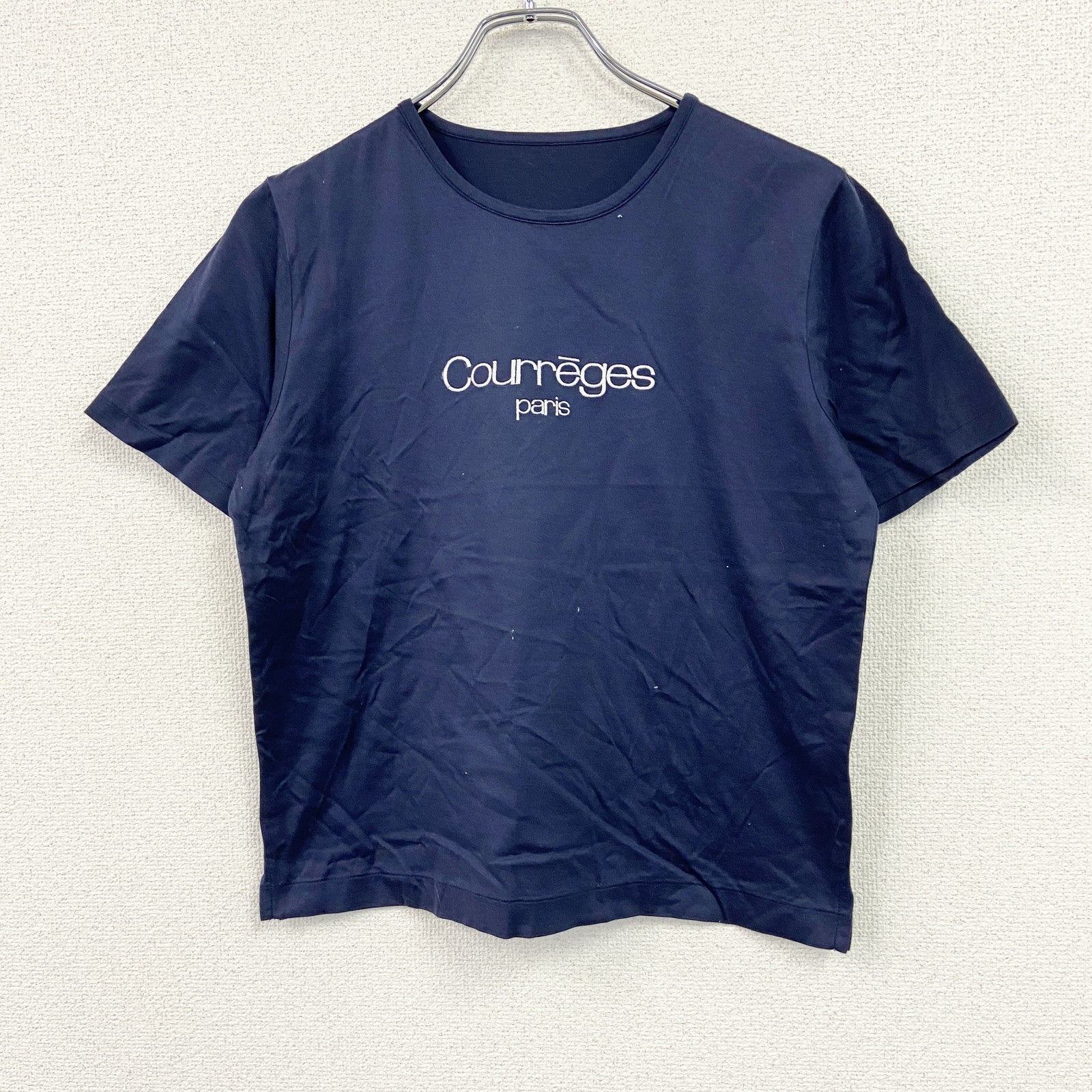 COURREGES　クレージュ　半袖短丈Tシャツ　フロントロゴ　シングルステッチ　紺　ネイビー