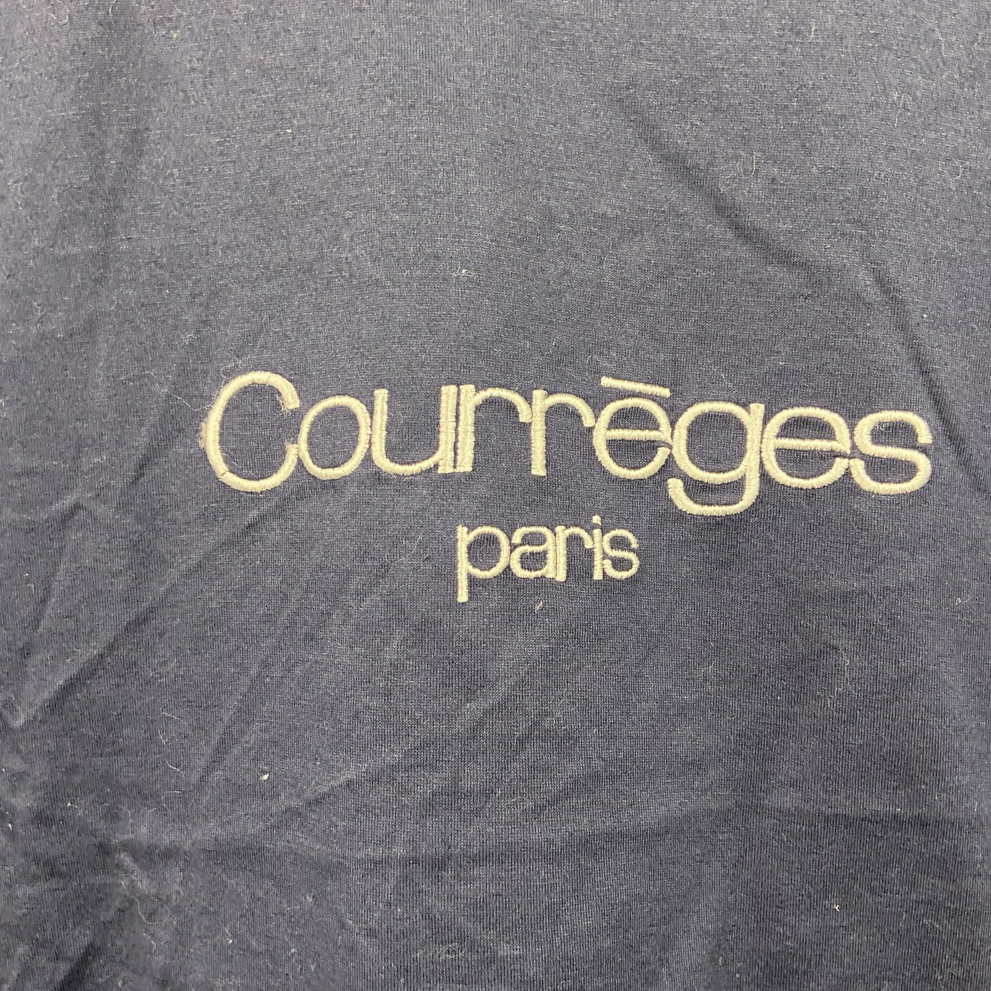 COURREGES　クレージュ　半袖短丈Tシャツ　フロントロゴ　シングルステッチ　紺　ネイビー