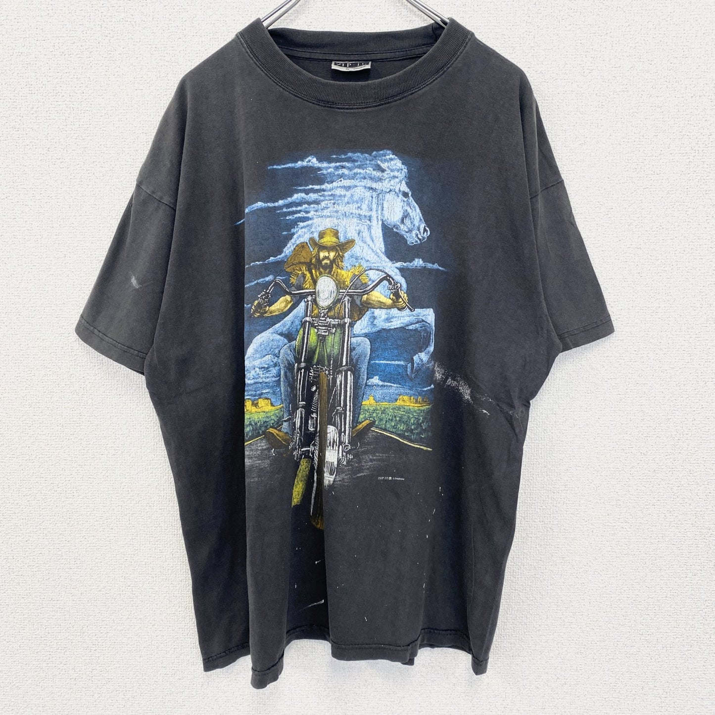 古着 used　ZIP it　半袖プリントTシャツ　バイク　馬　ビッグT　カジュアルデザイン　クルーネック　灰色　XLサイズ