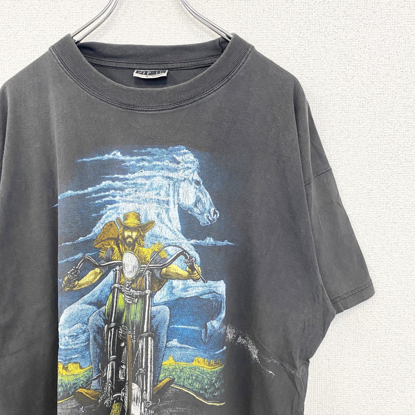 古着 used　ZIP it　半袖プリントTシャツ　バイク　馬　ビッグT　カジュアルデザイン　クルーネック　灰色　XLサイズ