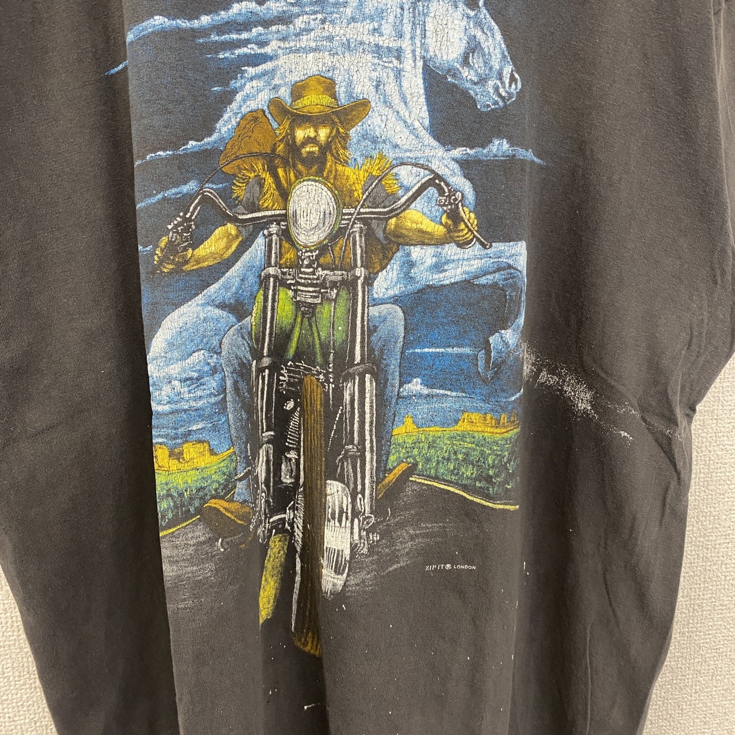 古着 used　ZIP it　半袖プリントTシャツ　バイク　馬　ビッグT　カジュアルデザイン　クルーネック　灰色　XLサイズ