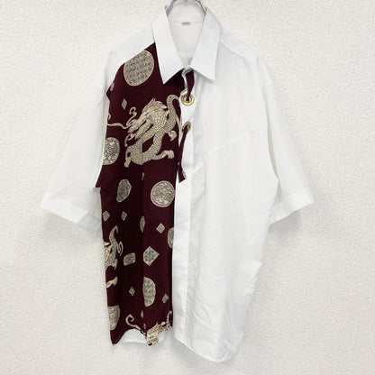 古着 used　半袖プリント総柄シャツ　レトロデザイン　チャイナ　龍　中華柄　中国　白　ホワイト　XXLサイズ