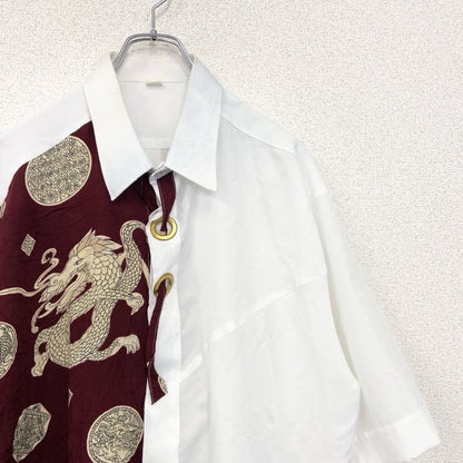 古着 used　半袖プリント総柄シャツ　レトロデザイン　チャイナ　龍　中華柄　中国　白　ホワイト　XXLサイズ