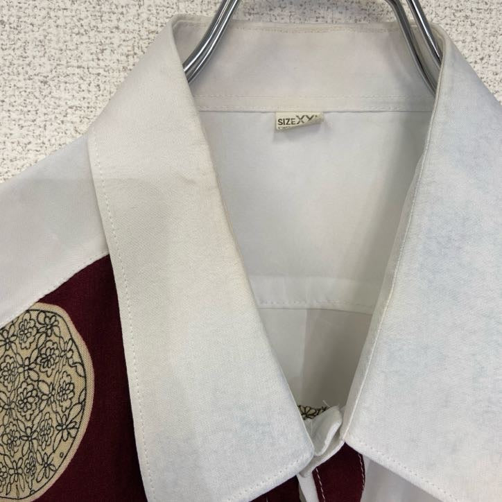 古着 used　半袖プリント総柄シャツ　レトロデザイン　チャイナ　龍　中華柄　中国　白　ホワイト　XXLサイズ