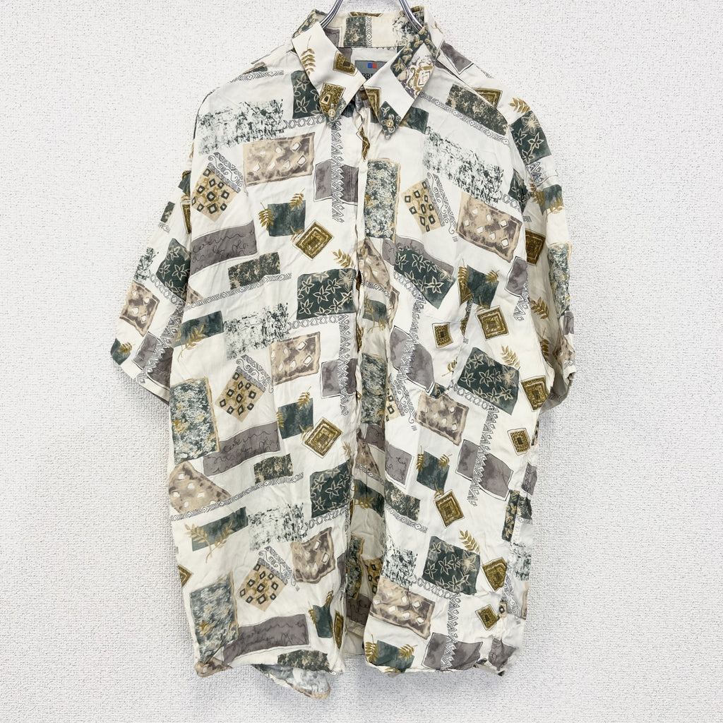 古着 used　BRICE　半袖プリント総柄シャツ　レトロデザイン　幾何学模様　アメカジ　アート柄　リーフ　緑　グリーン