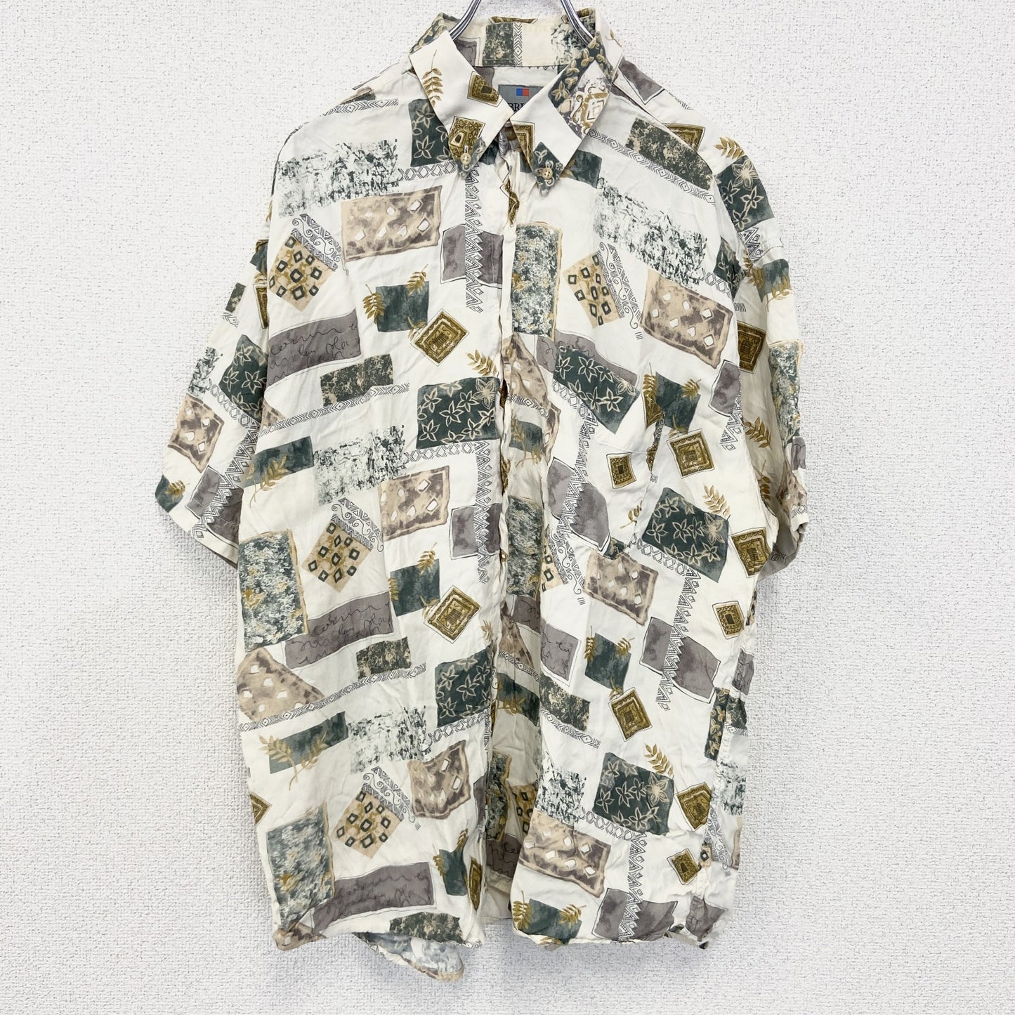 古着 used　BRICE　半袖プリント総柄シャツ　レトロデザイン　幾何学模様　アメカジ　アート柄　リーフ　緑　グリーン