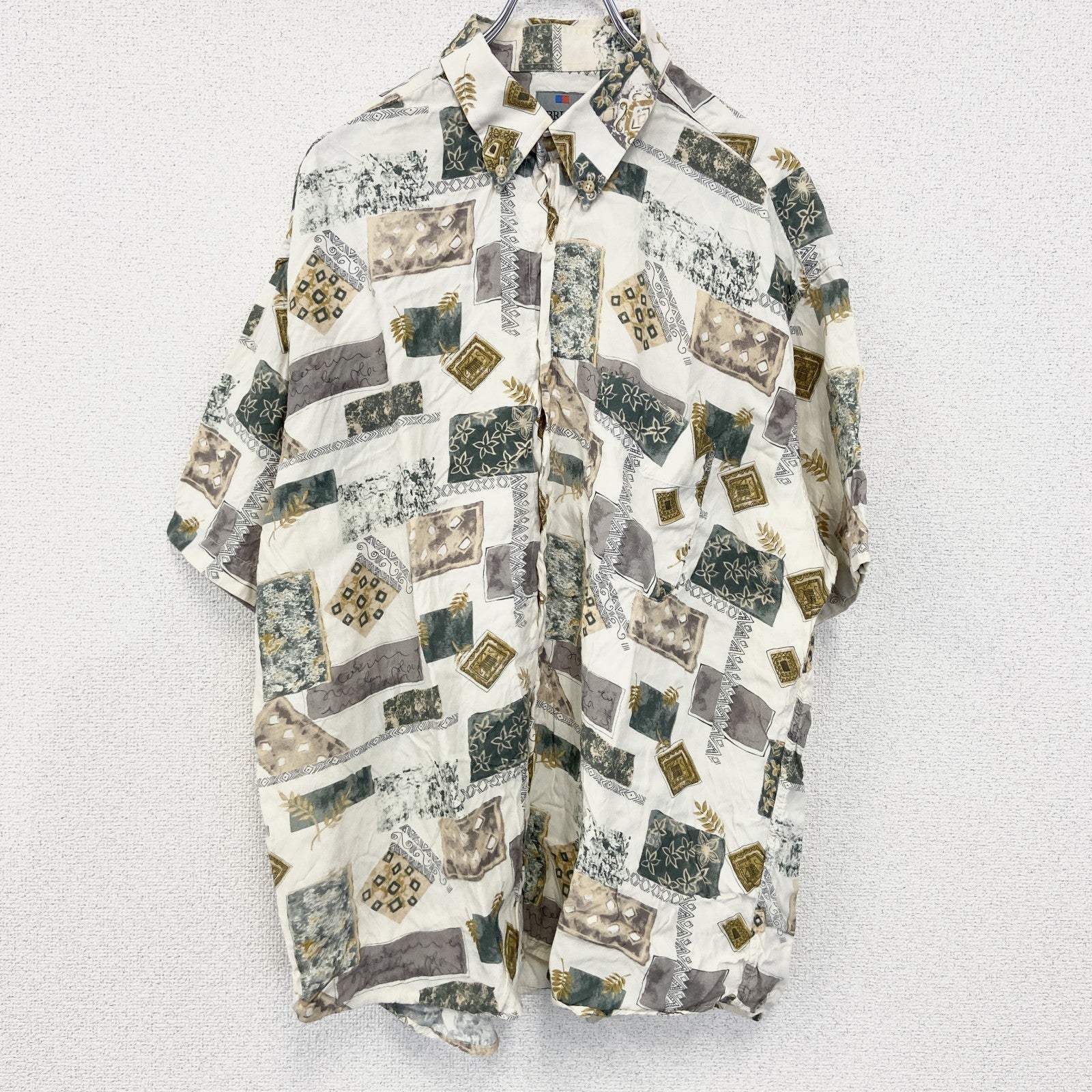 古着 used　BRICE　半袖プリント総柄シャツ　レトロデザイン　幾何学模様　アメカジ　アート柄　リーフ　緑　グリーン