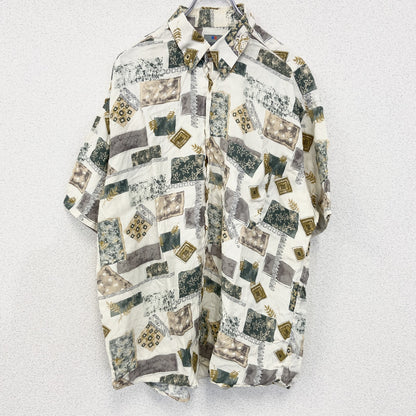 古着 used　BRICE　半袖プリント総柄シャツ　レトロデザイン　幾何学模様　アメカジ　アート柄　リーフ　緑　グリーン