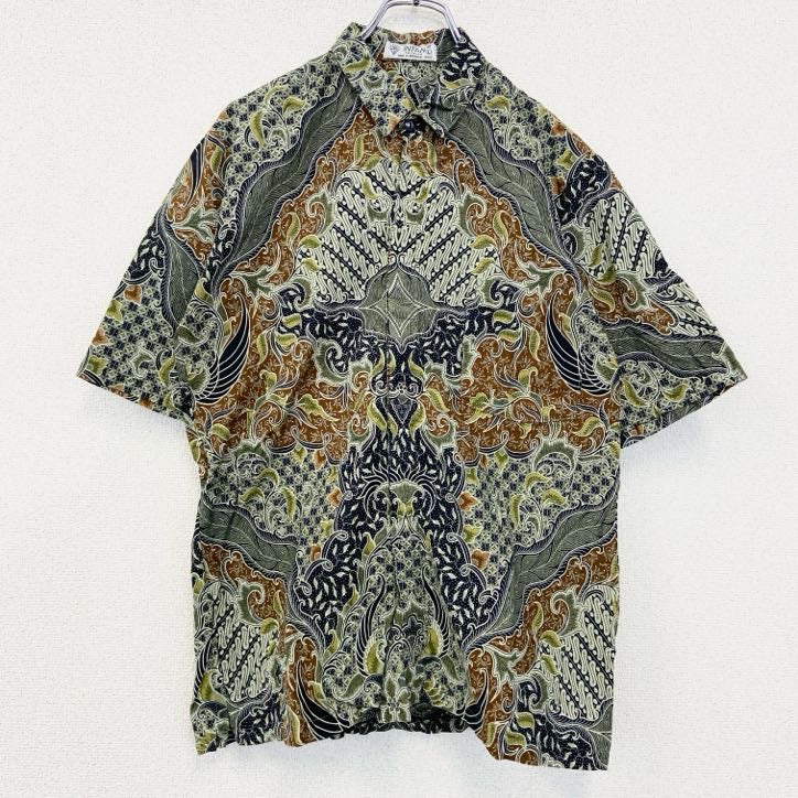古着 used　INTAN　半袖プリント総柄シャツ　レトロデザイン　ボタニカル　インドネシア　バティック　Lサイズ