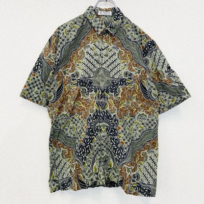 古着 used　INTAN　半袖プリント総柄シャツ　レトロデザイン　ボタニカル　インドネシア　バティック　Lサイズ