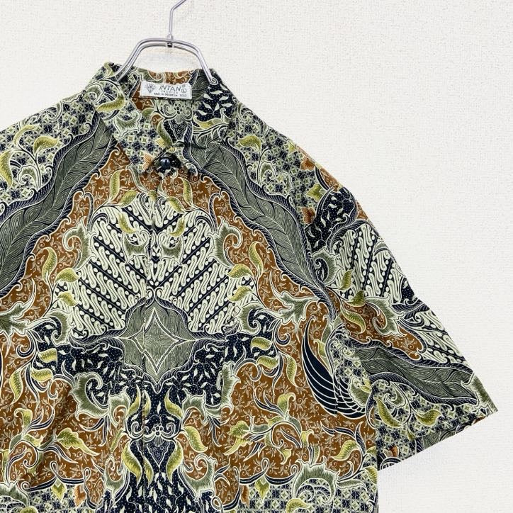 古着 used　INTAN　半袖プリント総柄シャツ　レトロデザイン　ボタニカル　インドネシア　バティック　Lサイズ