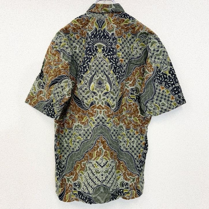 古着 used　INTAN　半袖プリント総柄シャツ　レトロデザイン　ボタニカル　インドネシア　バティック　Lサイズ