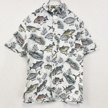 古着 used　Croft&Barrow　半袖プリント総柄シャツ　レトロデザイン　魚　アロハ　胸ポケット　白　ホワイト　