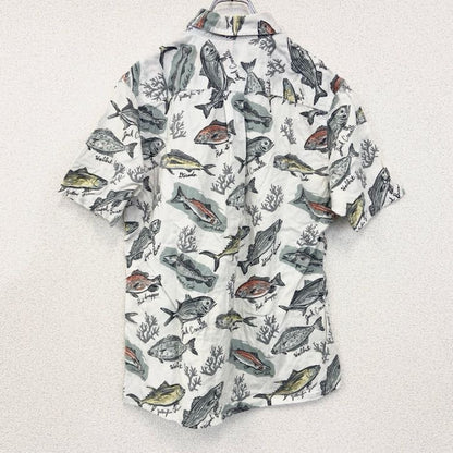古着 used　Croft&Barrow　半袖プリント総柄シャツ　レトロデザイン　魚　アロハ　胸ポケット　白　ホワイト　