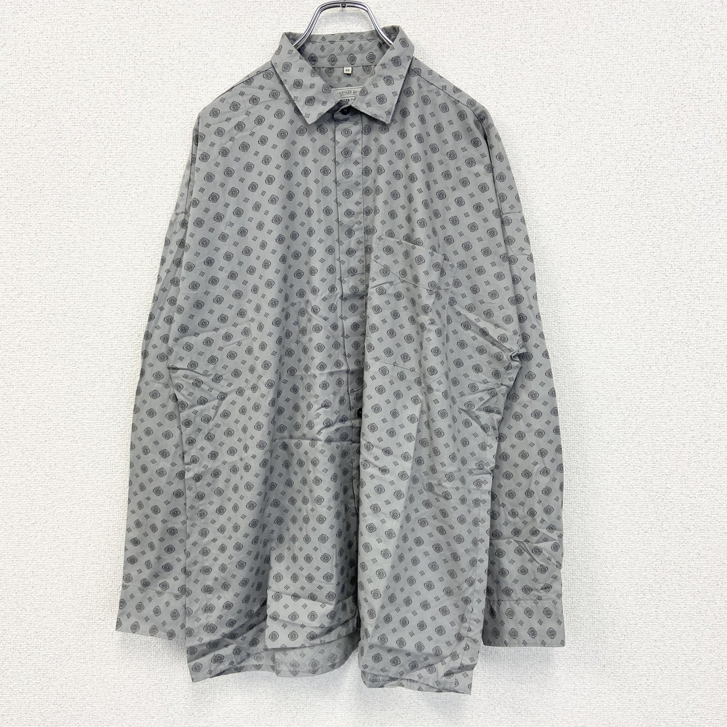 古着 used　ELSBACH　長袖柄シャツ　総柄　胸ポケット　襟付き　カジュアルデザイン　レトロコモン　グレー　XLサイズ