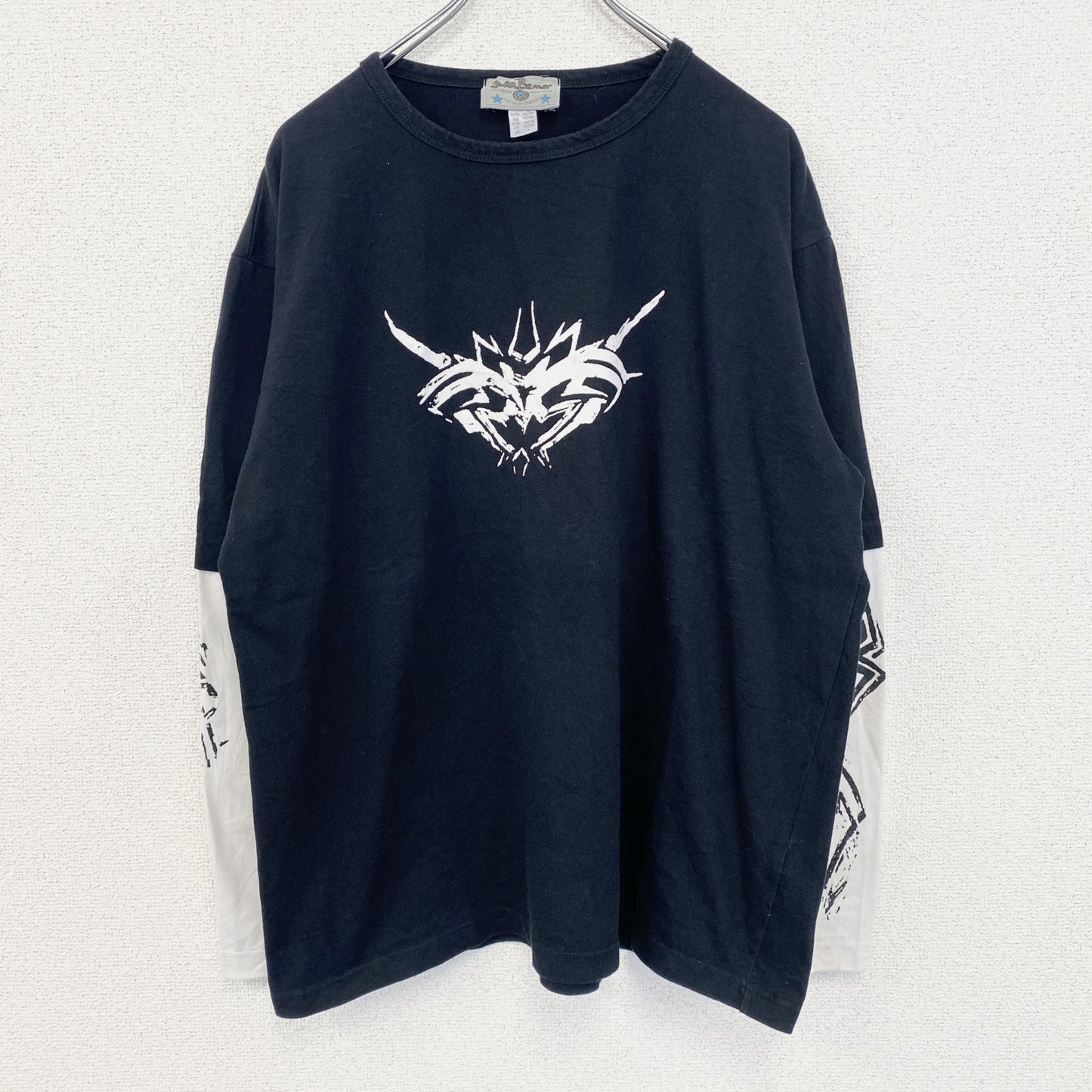 古着 used　Anil Baner　長袖プリントTシャツ　バイカラー　カジュアルデザイン　クルーネック　白　黒　春服　Lサイズ