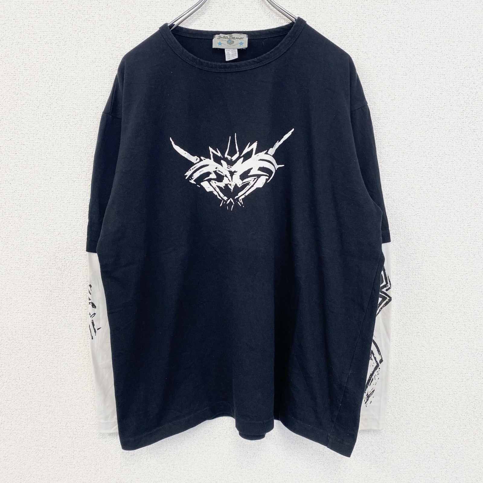 古着 used　Anil Baner　長袖プリントTシャツ　バイカラー　カジュアルデザイン　クルーネック　白　黒　春服　Lサイズ