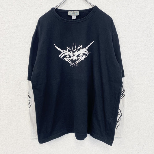 古着 used　Anil Baner　長袖プリントTシャツ　バイカラー　カジュアルデザイン　クルーネック　白　黒　春服　Lサイズ