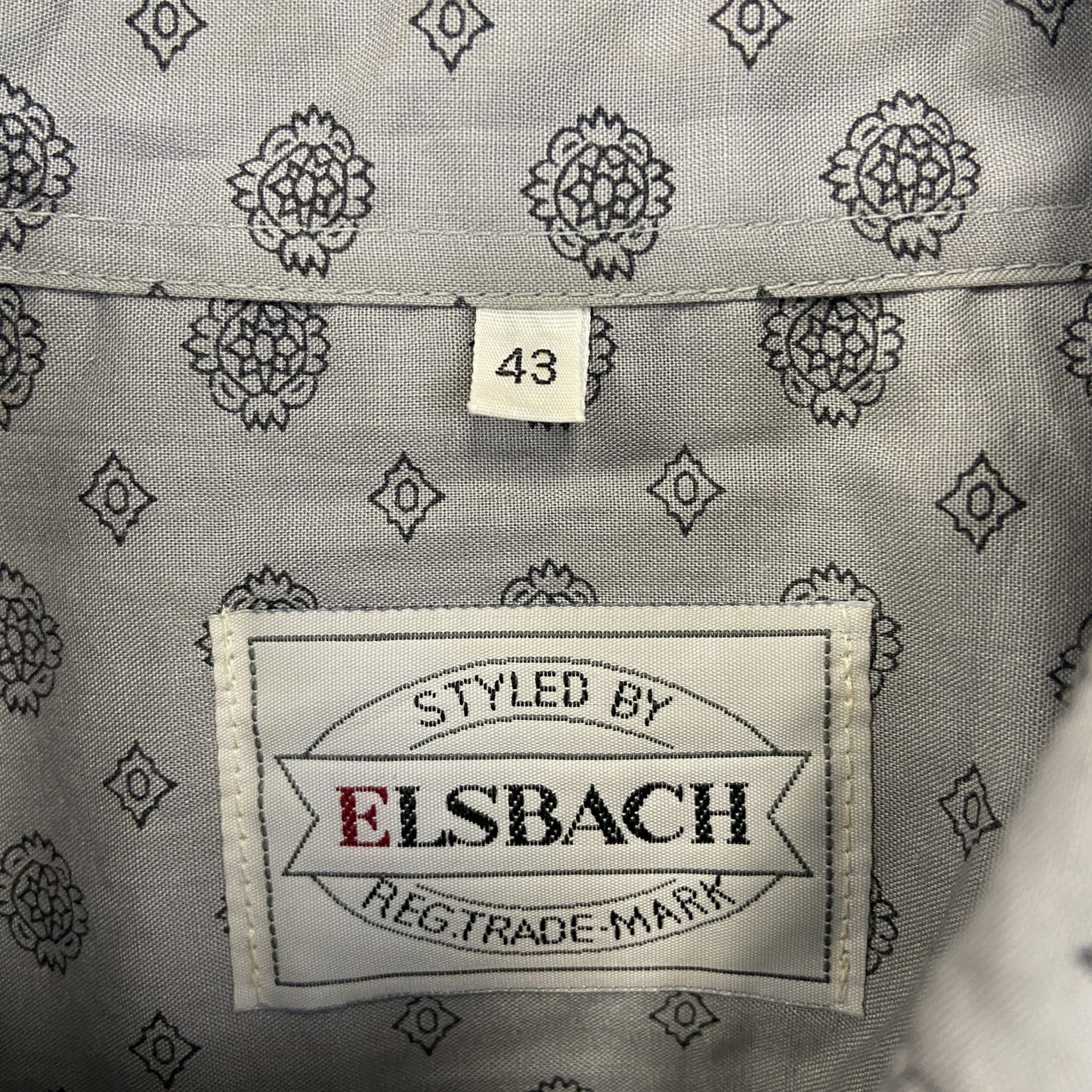 古着 used　ELSBACH　長袖柄シャツ　総柄　胸ポケット　襟付き　カジュアルデザイン　レトロコモン　グレー　XLサイズ