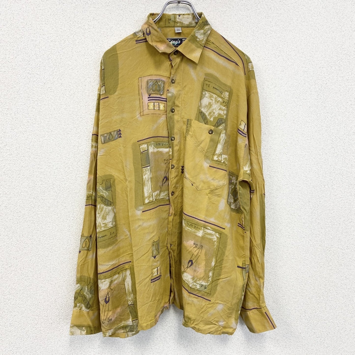古着 used　King's Road　キングス ロード　長袖柄シャツ　総柄　胸ポケット　襟付き　カジュアル　黄色　Lサイズ