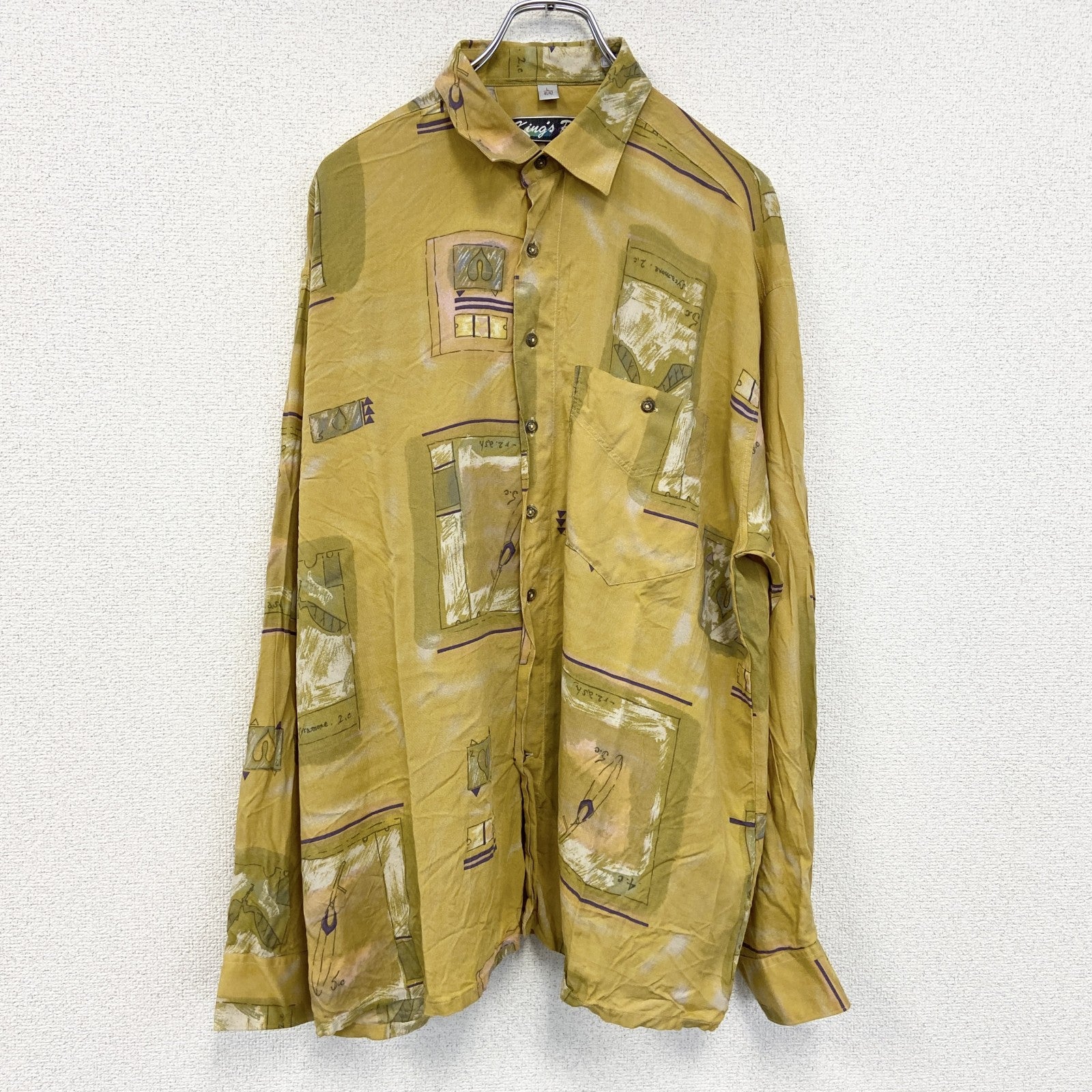 古着 used　King's Road　キングス ロード　長袖柄シャツ　総柄　胸ポケット　襟付き　カジュアル　黄色　Lサイズ