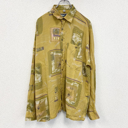 古着 used　King's Road　キングス ロード　長袖柄シャツ　総柄　胸ポケット　襟付き　カジュアル　黄色　Lサイズ