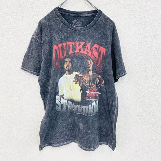 OUT KAST　半袖プリントTシャツ　ラップT　ケミカルウォッシュ柄　ダークグレー　Lサイズ