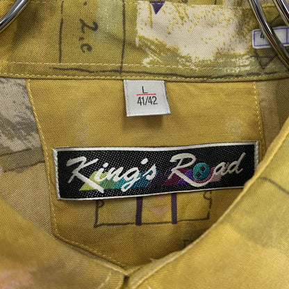 古着 used　King's Road　キングス ロード　長袖柄シャツ　総柄　胸ポケット　襟付き　カジュアル　黄色　Lサイズ