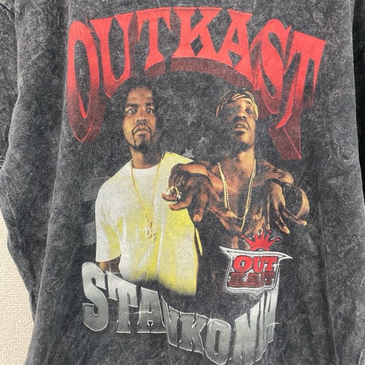 OUT KAST　半袖プリントTシャツ　ラップT　ケミカルウォッシュ柄　ダークグレー　Lサイズ