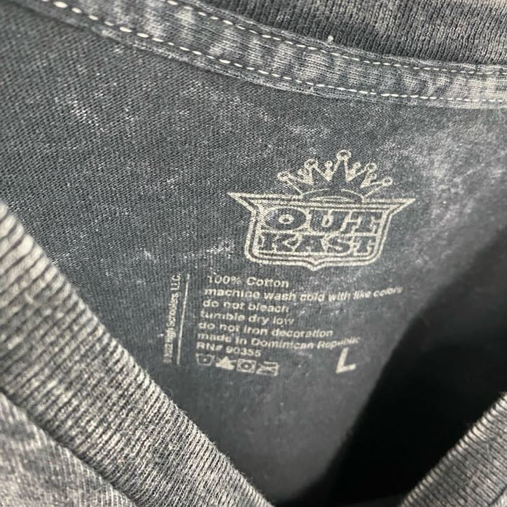 OUT KAST　半袖プリントTシャツ　ラップT　ケミカルウォッシュ柄　ダークグレー　Lサイズ