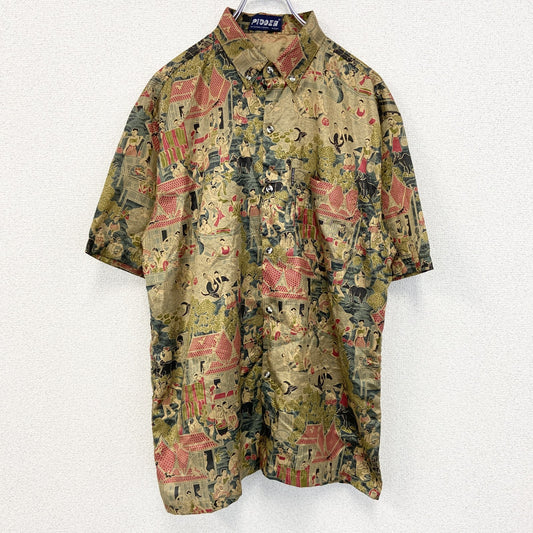 古着 used　PIDOZA ピドザ　半袖プリント総柄シャツ　レトロデザイン　江戸　歴史　街並み　光沢感　胸ポケット　Lサイズ　