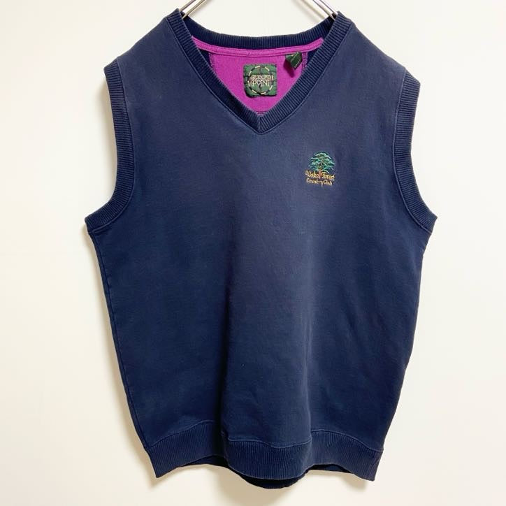 ～90s　RUGGEDPONIT　Vネックニットベスト　ワンポイント刺繍　森　ネイビー　紺　Lサイズ