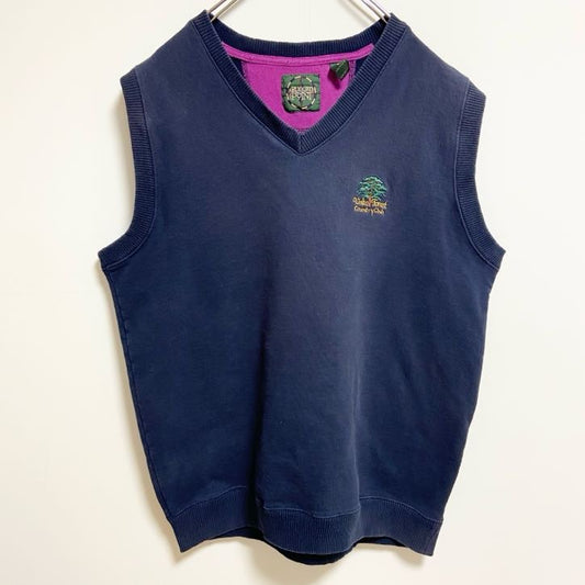 ～90s　RUGGEDPONIT　Vネックニットベスト　ワンポイント刺繍　森　ネイビー　紺　Lサイズ