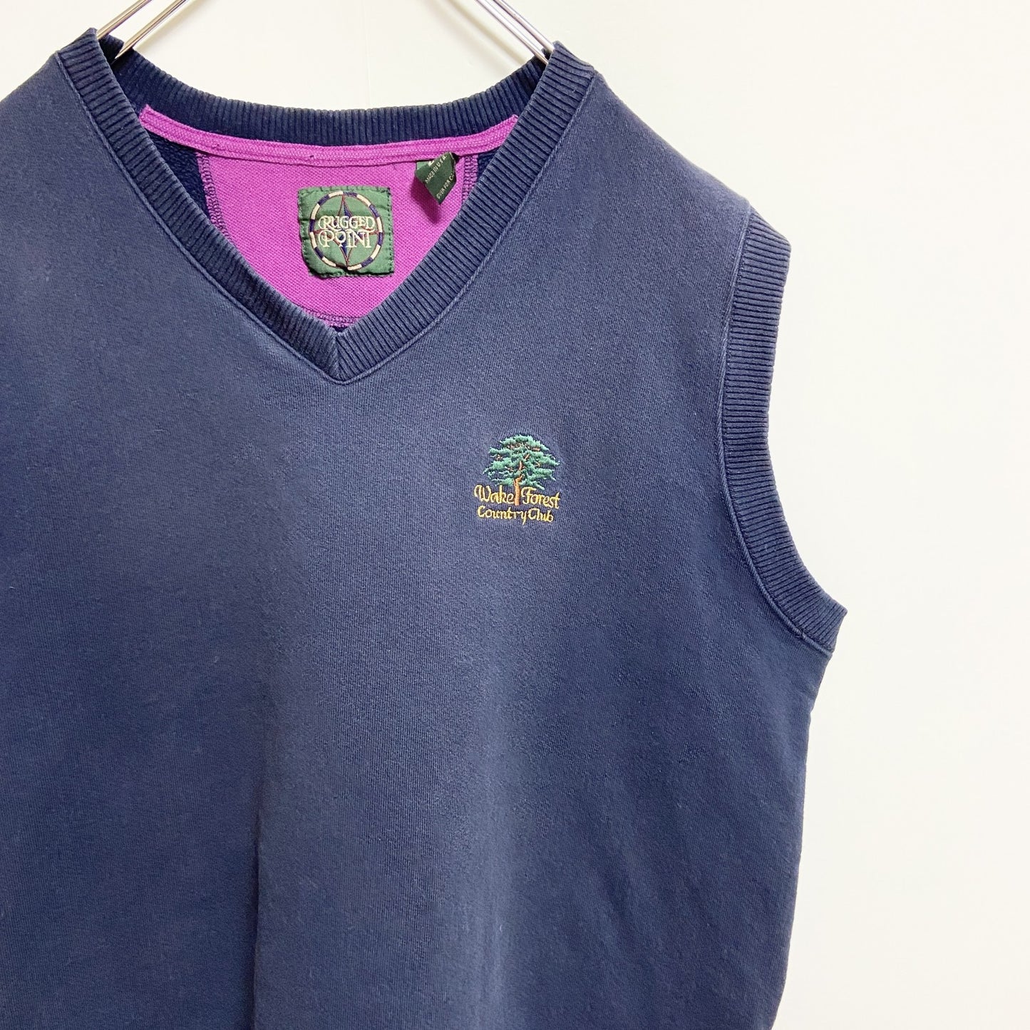 ～90s　RUGGEDPONIT　Vネックニットベスト　ワンポイント刺繍　森　ネイビー　紺　Lサイズ